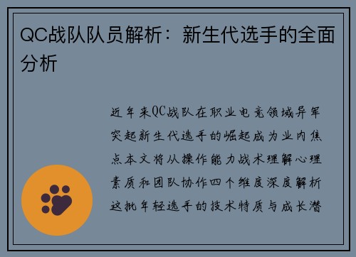 QC战队队员解析：新生代选手的全面分析