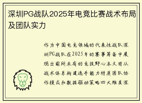 深圳PG战队2025年电竞比赛战术布局及团队实力